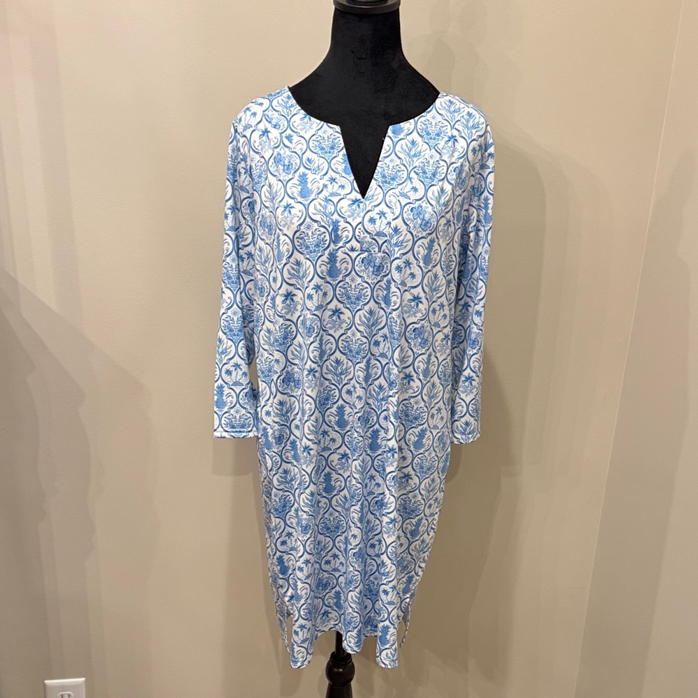 Stella Parker Island Collection UPF 50 Blue and White Patterned Coverup Dress L